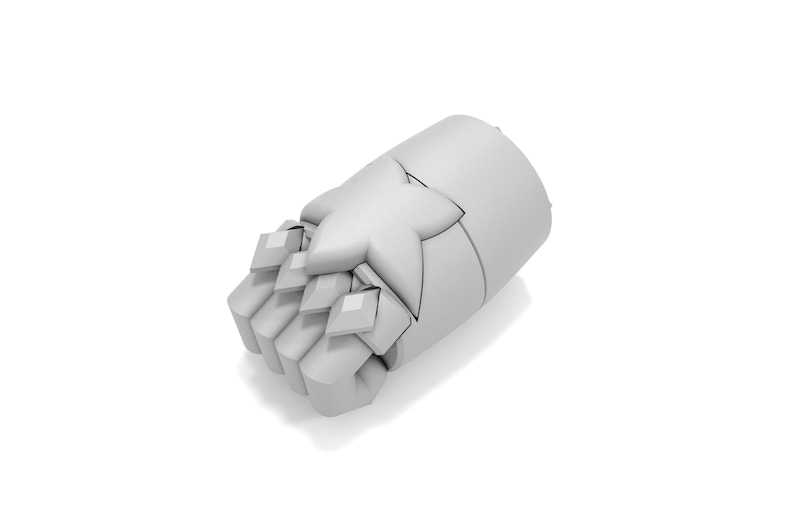 May include: A white 3D printed model of a robot hand with a star-shaped design on the back of the hand.