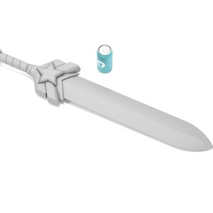 May include: A gray fantasy sword with a star-shaped design on the hilt. The sword is lying on a white surface next to a small, cylindrical blue object with white text. The sword's blade is long and straight.