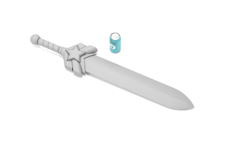 May include: A gray fantasy sword with a star-shaped design on the hilt. The sword is lying on a white surface next to a small, cylindrical blue object with white text. The sword's blade is long and straight.