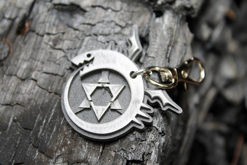 May include: A silver metal keychain featuring a circular design with a star of David inside and a stylized dragon head on the outside. The keychain has a gold metal clasp.