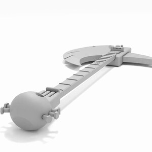 Puede incluir: Un modelo 3D blanco de un hacha con forma de guitarra, con una cabeza redonda y una hoja curva.