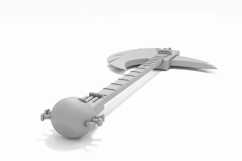 Puede incluir: Un modelo 3D blanco de un hacha con forma de guitarra, con una cabeza redonda y una hoja curva.