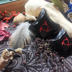 K&ouml;nnte beinhalten: Zwei schwarze, eckige Objekte mit einem roten Spiraldesign werden gezeigt. Die Objekte sind von einer Vielzahl nat&uuml;rlicher Elemente umgeben, darunter eine Feder, getrocknete Beeren und ein Vogelsch&auml;del. Die Gesamt&auml;sthetik ist dunkel und gotisch.