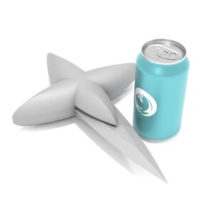 May include: A white, four-pointed star-shaped object with a blue can of soda next to it. The can has a white logo with a stylized flame design.