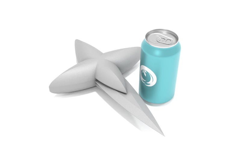 May include: A white, four-pointed star-shaped object with a blue can of soda next to it. The can has a white logo with a stylized flame design.