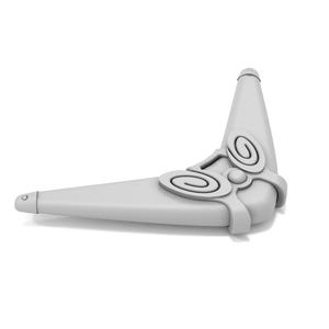 Puede incluir: Un boomerang blanco con un dise&ntilde;o decorativo en la parte superior. El dise&ntilde;o presenta dos espirales y un c&iacute;rculo.
