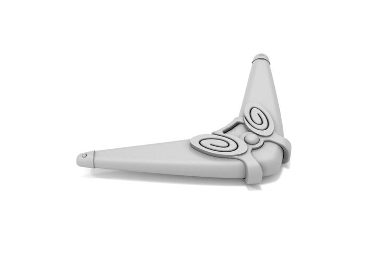 Puede incluir: Un boomerang blanco con un dise&ntilde;o decorativo en la parte superior. El dise&ntilde;o presenta dos espirales y un c&iacute;rculo.