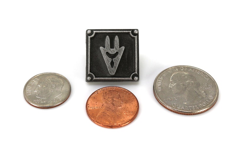 Op de afbeelding: Een zilverkleurige metalen pin met een zwarte achtergrond en een gestileerd zilverkleurig symbool. De pin is ongeveer zo groot als een Amerikaanse kwart.