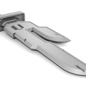 May include: A silver-colored sword with a unique, angular design. The blade is long and straight, with a sharp point. The hilt is decorated with a series of ridges and grooves.