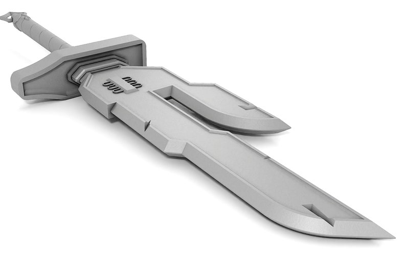 May include: A silver-colored sword with a unique, angular design. The blade is long and straight, with a sharp point. The hilt is decorated with a series of ridges and grooves.