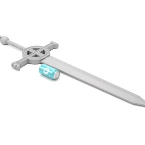 May include: A silver sword with a cross-shaped guard and a blue battery attached to the blade.