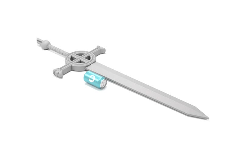 May include: A silver sword with a cross-shaped guard and a blue battery attached to the blade.