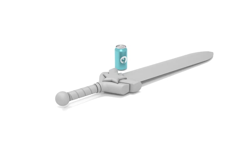 May include: A light gray toy sword with a star-shaped crossguard and a cylindrical handle. A teal can with a white logo is placed near the sword. The sword is approximately 30 inches long.