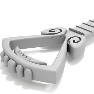 May include: A white, 3D-printed model of a guitar with a unique, ornate design. The guitar has a triangular body with a curved neck and a series of frets.