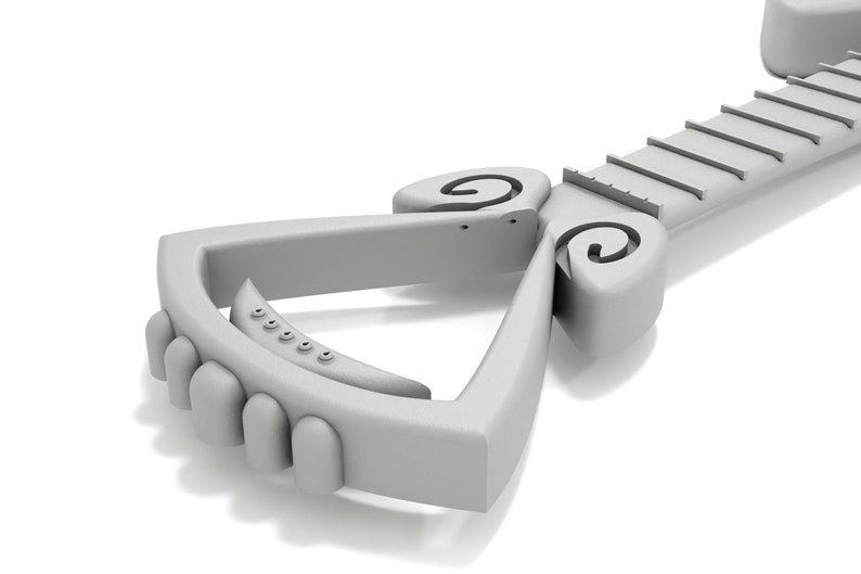 May include: A white, 3D-printed model of a guitar with a unique, ornate design. The guitar has a triangular body with a curved neck and a series of frets.