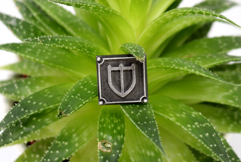 Puede incluir: Un pin de metal plateado con fondo negro y un dise&ntilde;o de escudo plateado. El pin est&aacute; sobre una planta suculenta verde.