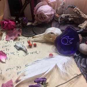 Op de afbeelding: Een donkerblauwe glazen hanger met een zilveren vlamontwerp, omringd door verschillende objecten, waaronder een vogelschedel, een veer en gedroogde bloemen.