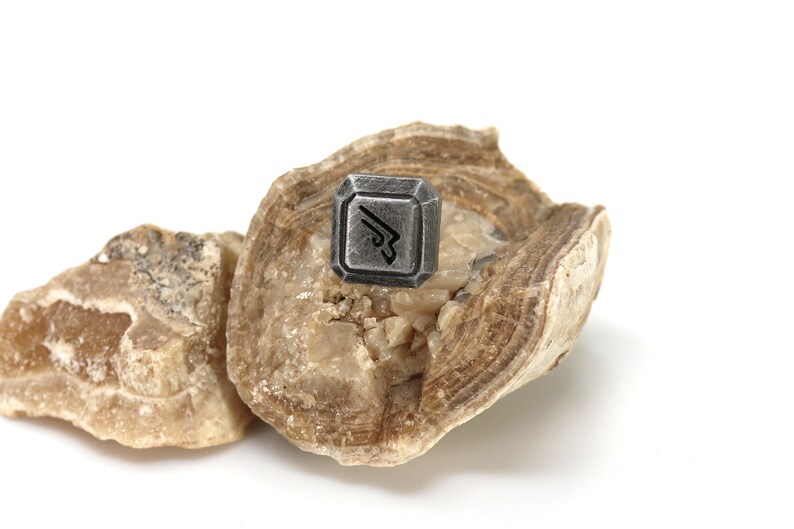 May include: A silver-colored metal charm with a stylized arrow design, resting on a piece of brown and white banded rock.