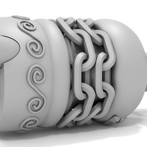 May include: A gray, decorative, 3D printed object with a chain-like design and a spiral pattern. The object is made of plastic and has a smooth, matte finish.