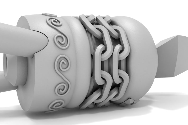 May include: A gray, decorative, 3D printed object with a chain-like design and a spiral pattern. The object is made of plastic and has a smooth, matte finish.