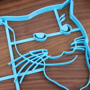 May include: A light blue plastic cookie cutter shaped like a cat's face. The cutter has detailed features, including eyes, a nose, and whiskers.