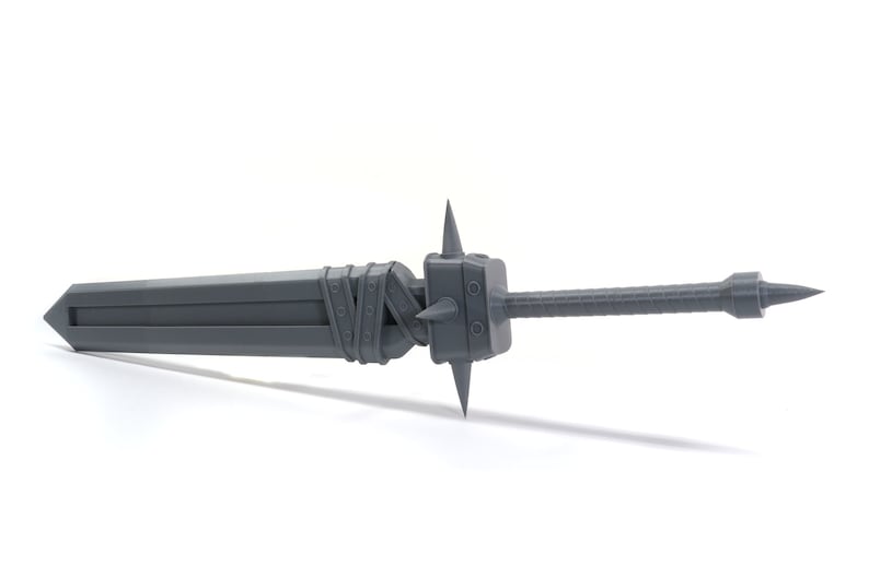 May include: A grey, metal sword with a spiked handle and a long, straight blade. The blade is wrapped in a band of metal.