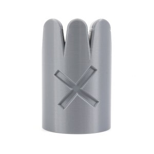 May include: A gray plastic chess piece with a crown and a cross on the top. The piece is designed to be used in a game of chess.