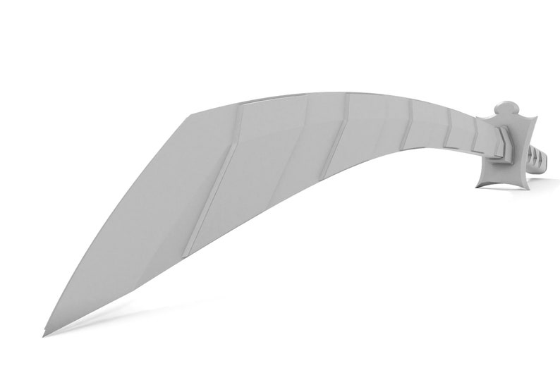May include: A silver-colored curved sword with a textured blade and a detailed hilt.