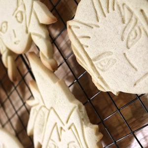 May include: A close-up of five sugar cookies decorated with icing. The cookies are shaped like faces and are arranged on a wire rack. The cookies are a light brown color and the icing is white.
