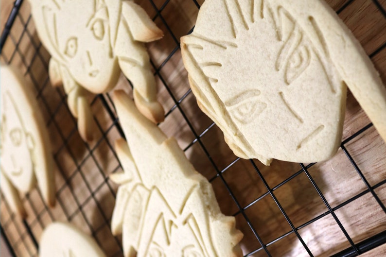 May include: A close-up of five sugar cookies decorated with icing. The cookies are shaped like faces and are arranged on a wire rack. The cookies are a light brown color and the icing is white.