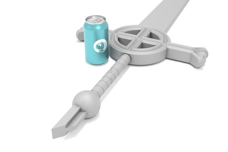 May include: A white sword with a cross-shaped guard and a round pommel. A blue can with a white logo is next to the sword.