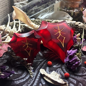 May include: Two red resin heart-shaped pendants with gold-colored symbols on a dark background. The pendants are surrounded by dried flowers and other natural elements.