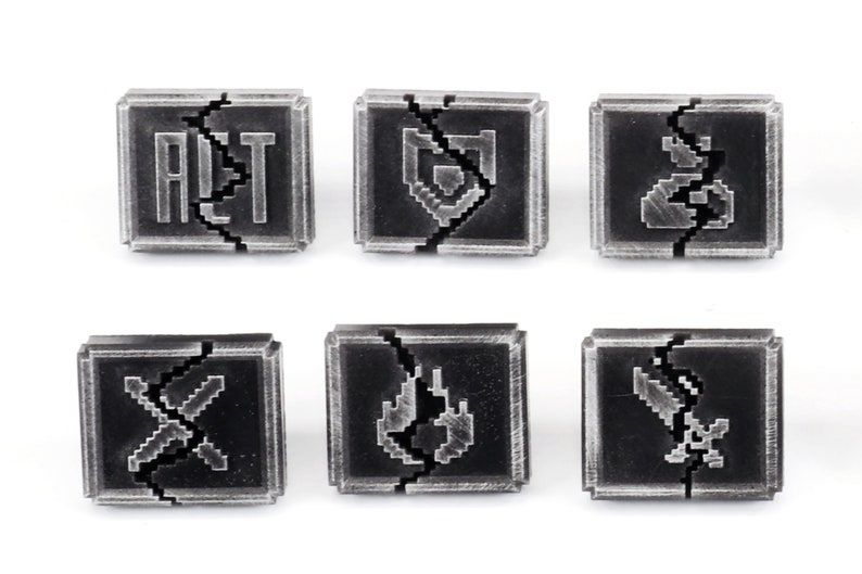 May include: Six black and silver metal tiles with pixelated symbols. The symbols are: ALT, a shield, a bag of coins, two crossed swords, a flame, and a sword.
