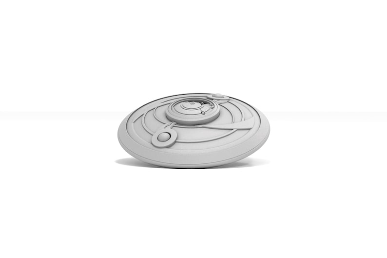 May include: A light gray, disc-shaped object with a central raised circular design and concentric rings. Two smaller circular elements are on the sides. The object has a futuristic or technological aesthetic.