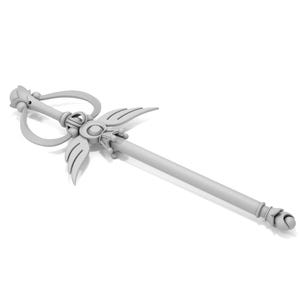 May include: A silver wand with a heart-shaped handle and wings at the top. The wand has a smooth, cylindrical shaft.