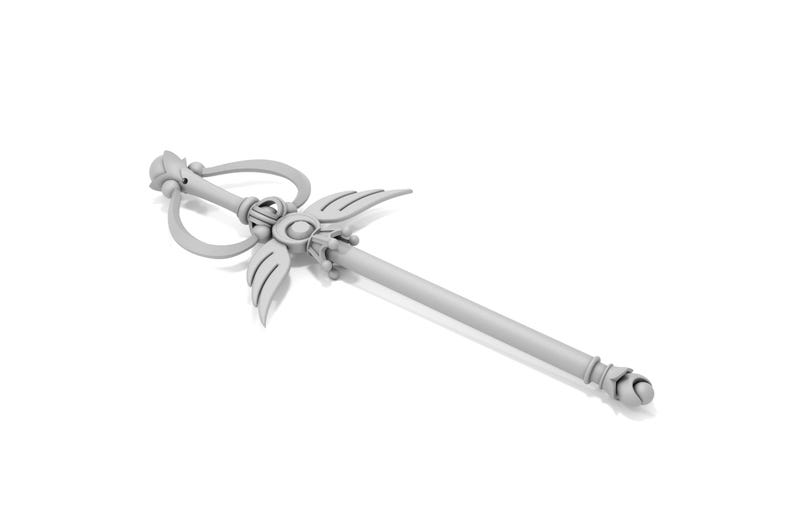 May include: A silver wand with a heart-shaped handle and wings at the top. The wand has a smooth, cylindrical shaft.