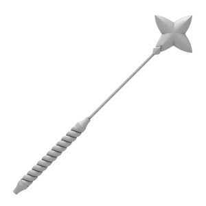 May include: A silver-colored metal weapon with a twisted handle and a four-pointed star-shaped head.
