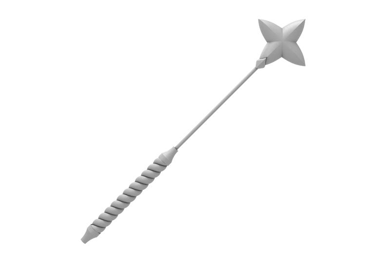 May include: A silver-colored metal weapon with a twisted handle and a four-pointed star-shaped head.