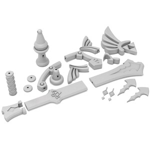 K&ouml;nnte beinhalten: Ein Satz aus 3D-gedruckten Teilen zum Zusammenbauen einer Master-Sword-Replik. Die Teile bestehen aus wei&szlig;em Kunststoff und umfassen die Klingen, den Griff, die Parierstange und die Fl&uuml;gel.