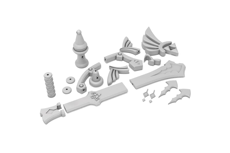 K&ouml;nnte beinhalten: Ein Satz aus 3D-gedruckten Teilen zum Zusammenbauen einer Master-Sword-Replik. Die Teile bestehen aus wei&szlig;em Kunststoff und umfassen die Klingen, den Griff, die Parierstange und die Fl&uuml;gel.