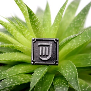 Op de afbeelding: Een zilveren metalen pin met een zwart vierkant frame en een wit harp symbool erin. De pin ligt op een groene vetplant.