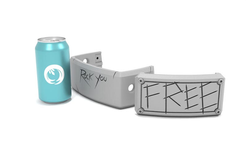 May include: A teal soda can with a white logo and two gray, curved, sign-like objects. One sign reads "Rock You" and the other reads "FREE". The objects are gray with black lines.