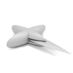 May include: A silver-colored, cross-shaped, multi-tool knife with a sharp blade.