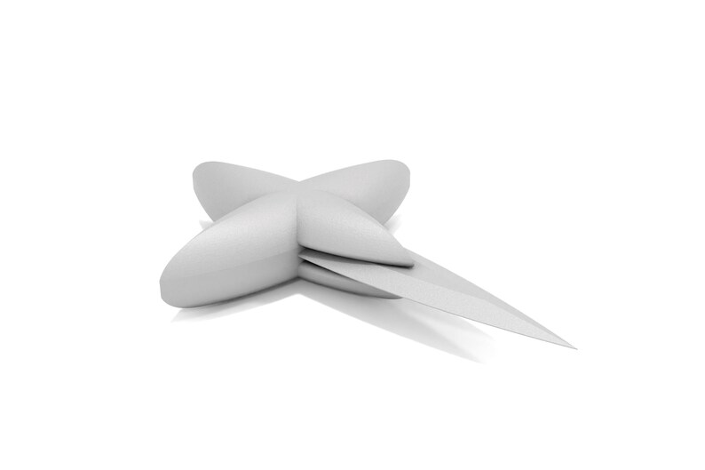 May include: A silver-colored, cross-shaped, multi-tool knife with a sharp blade.