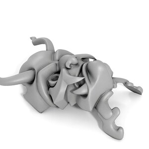 May include: A gray, detailed, 3D printed model of a stylized face with horns and a large open mouth.