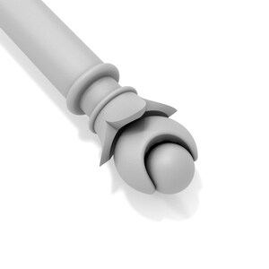 May include: A white, decorative finial with a rounded top and a fluted base.