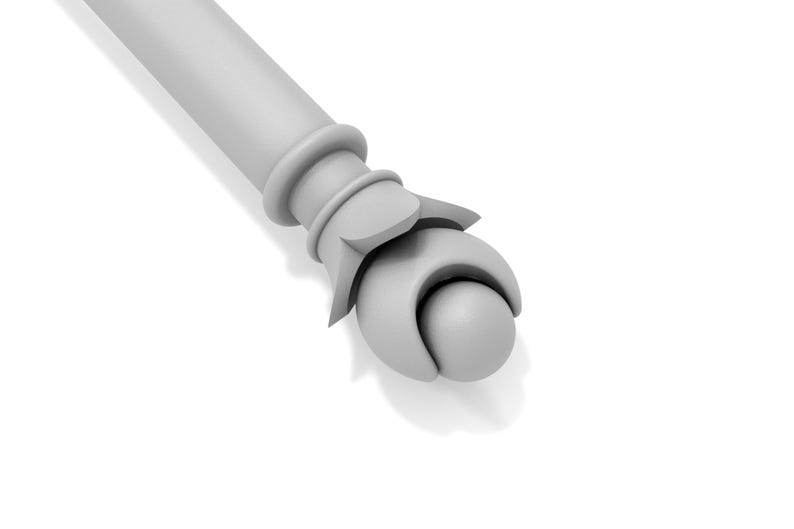 May include: A white, decorative finial with a rounded top and a fluted base.