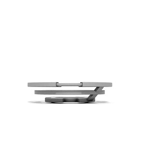 May include: A silver metal ring with three tiers, each tier is a slightly different size and shape. The ring is a decorative object.
