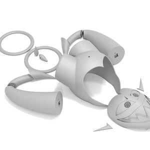 May include: A disassembled gray plastic toy robot with a smiling face. The robot is made up of several pieces, including a head, torso, arms, and legs.