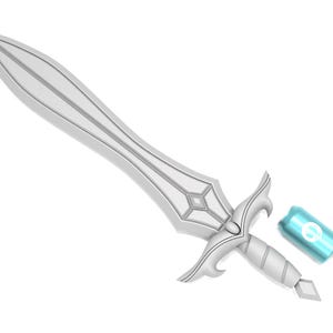 May include: A silver fantasy sword with a detailed hilt and blade design. A small, cylindrical, light blue object with a white design is next to the sword. The sword has a decorative, ornate design.